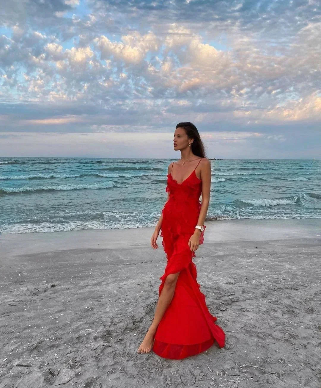 Ruffle slip maxi dress with spaghetti straps and cascading frills - view 14