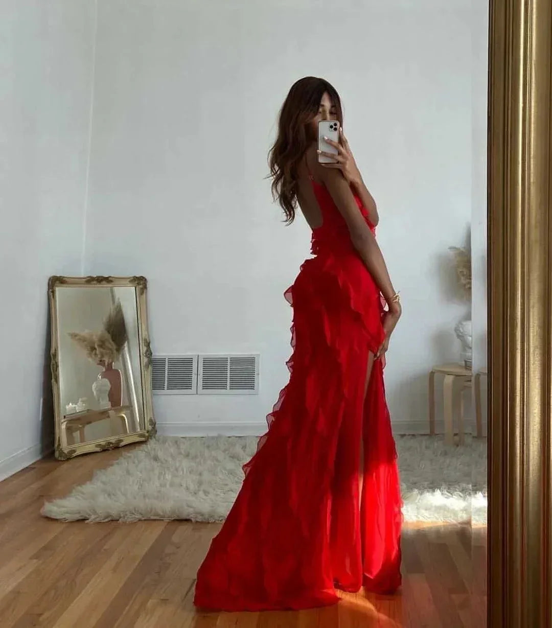 Ruffle slip maxi dress with spaghetti straps and cascading frills - view 16