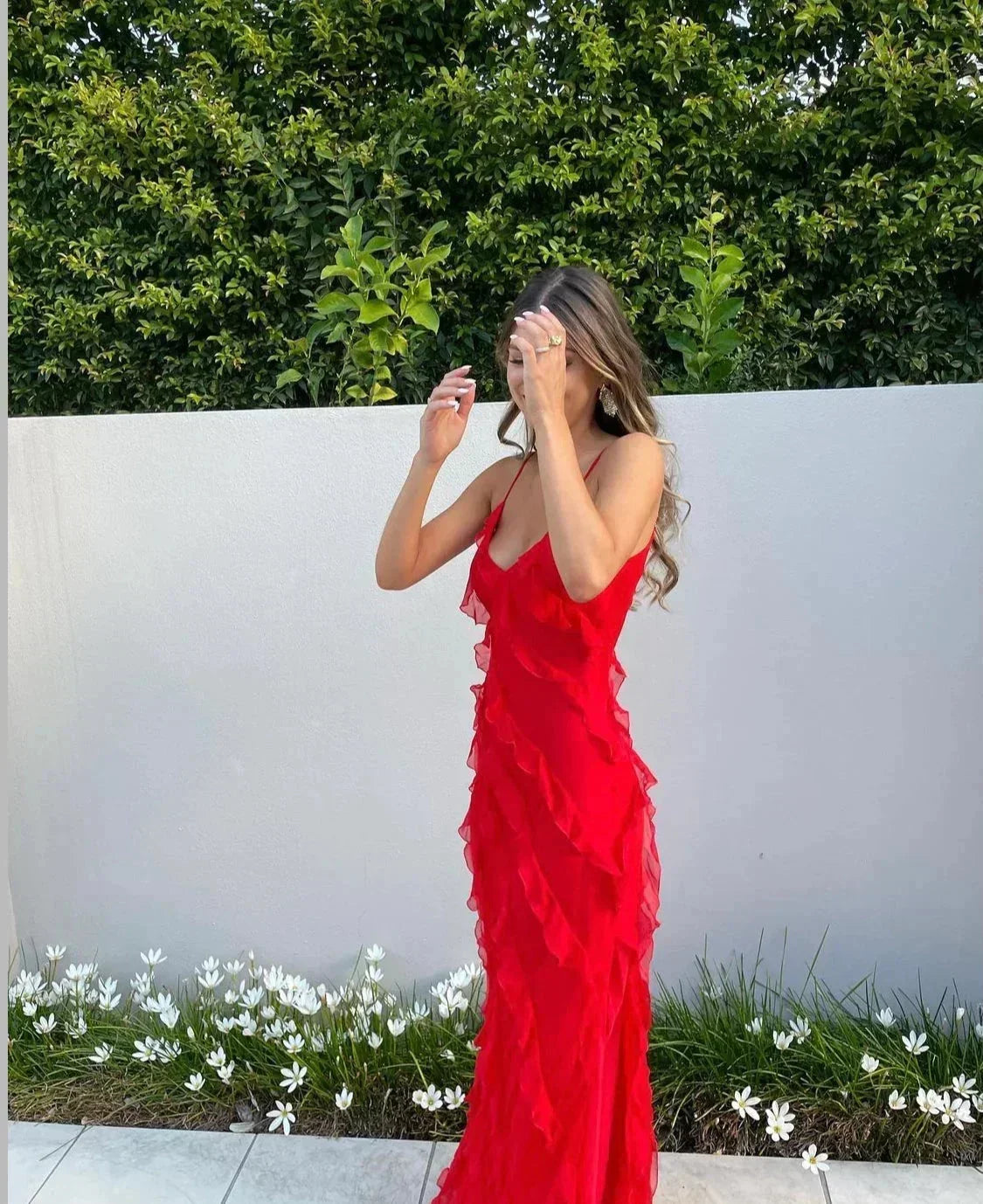 Ruffle slip maxi dress with spaghetti straps and cascading frills - view 17