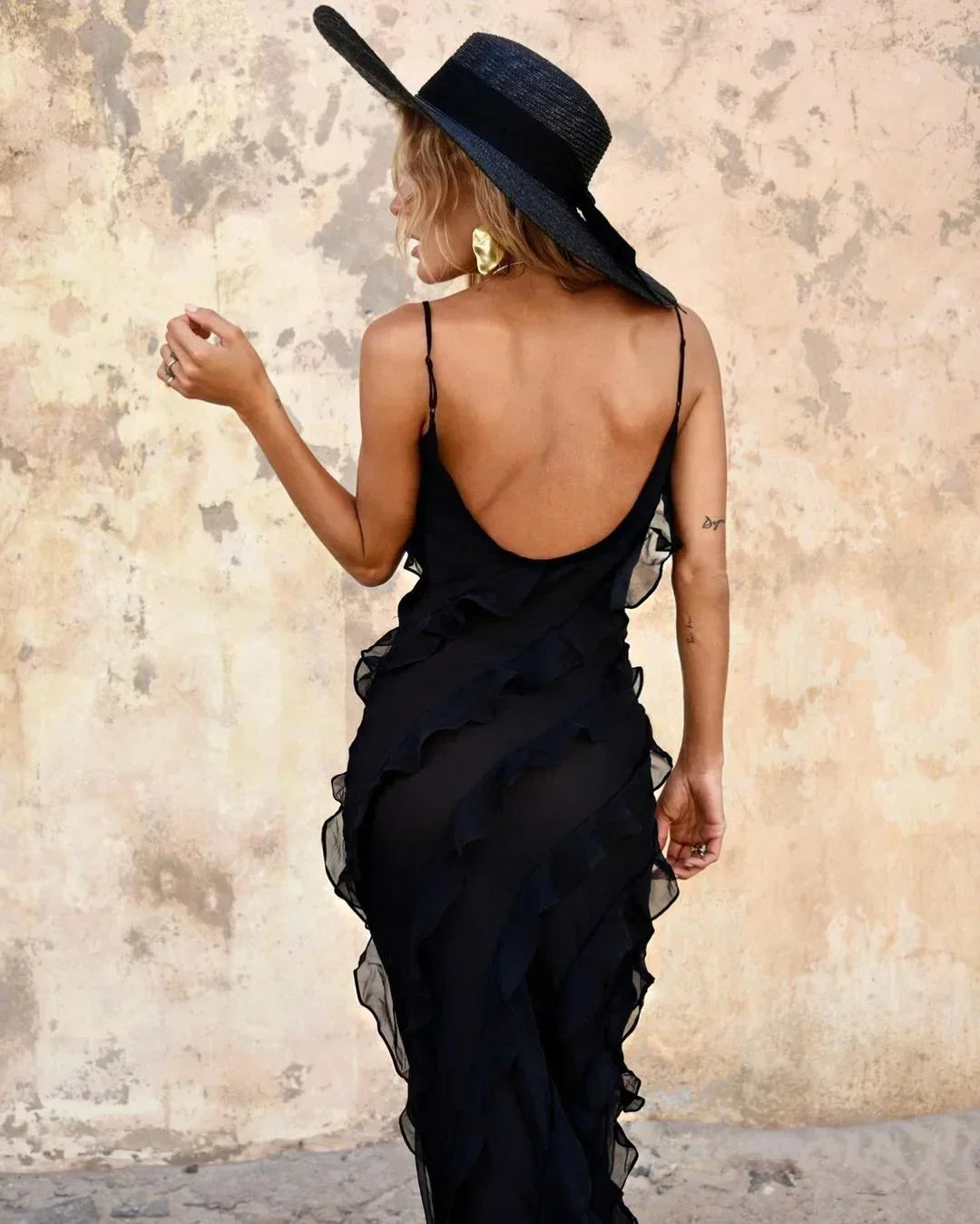 Ruffle slip maxi dress with spaghetti straps and cascading frills - view 18