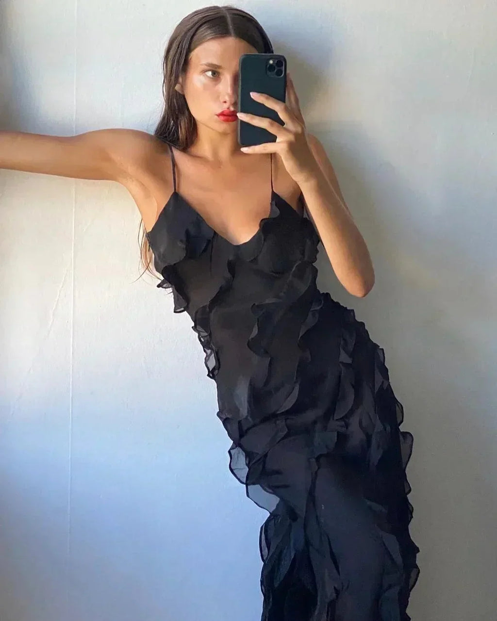 Ruffle slip maxi dress with spaghetti straps and cascading frills - view 20
