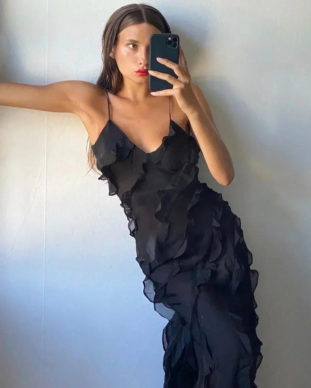 Ruffle slip maxi dress with spaghetti straps and cascading frills - view 20
