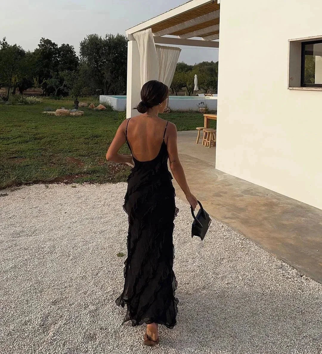 Ruffle slip maxi dress with spaghetti straps and cascading frills - view 24
