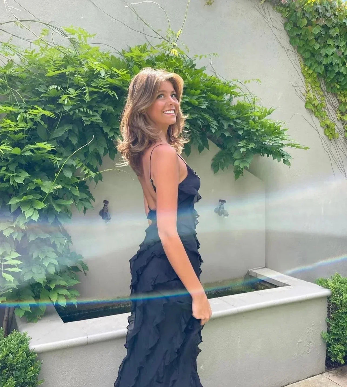 Ruffle slip maxi dress with spaghetti straps and cascading frills - view 25