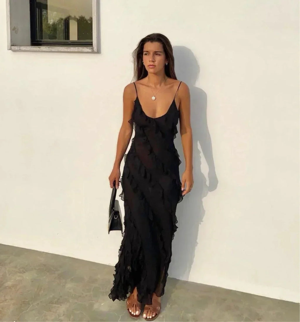 Ruffle slip maxi dress with spaghetti straps and cascading frills - view 26