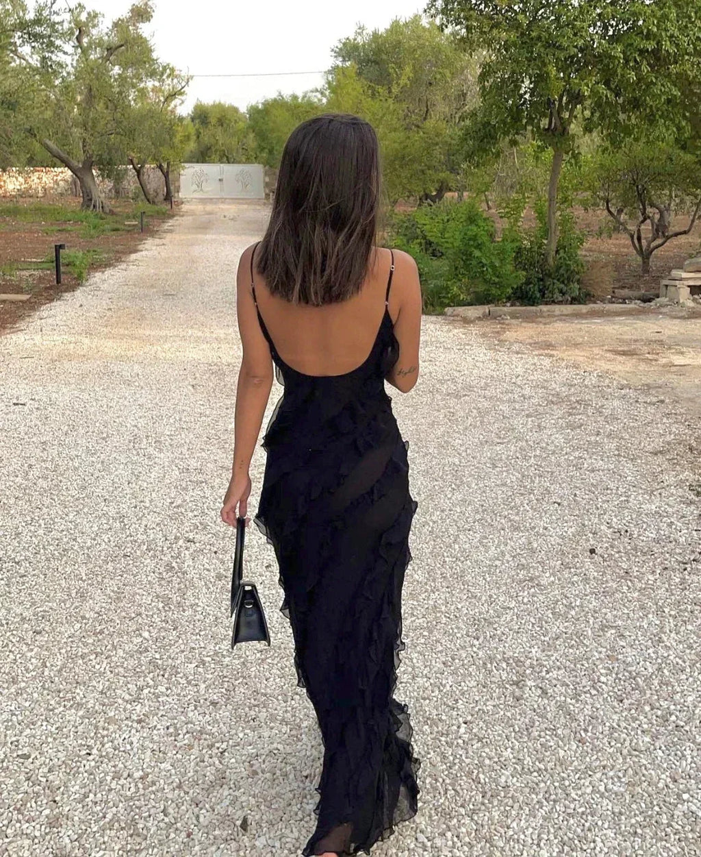 Ruffle slip maxi dress with spaghetti straps and cascading frills - view 27