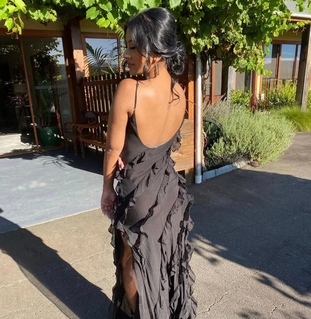 Ruffle slip maxi dress with spaghetti straps and cascading frills - view 29