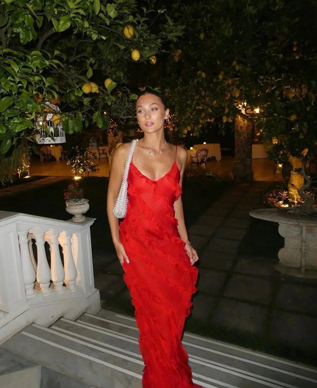 Ruffle slip maxi dress with spaghetti straps and cascading frills - view 3