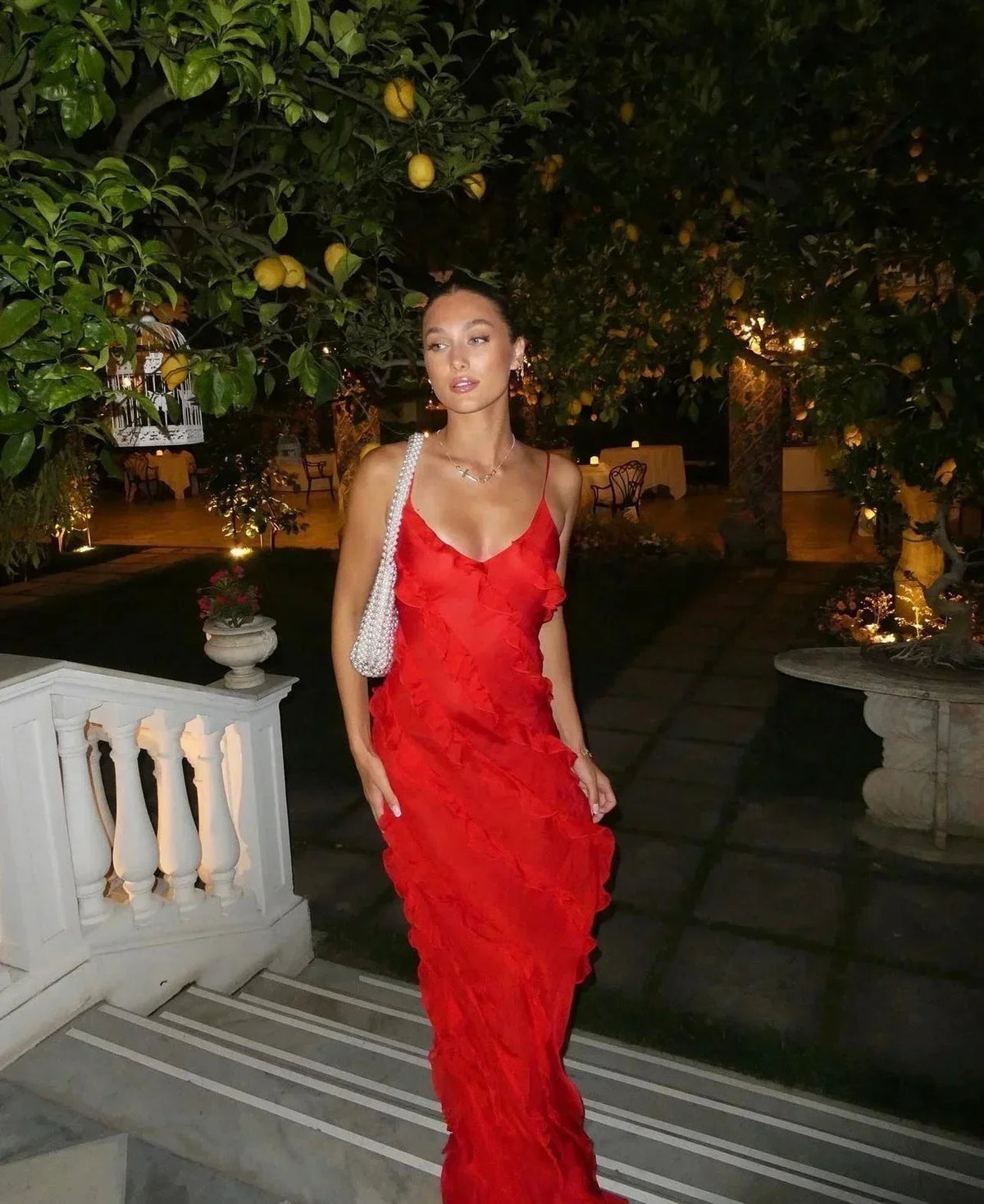 Ruffle slip maxi dress with spaghetti straps and cascading frills - view 3
