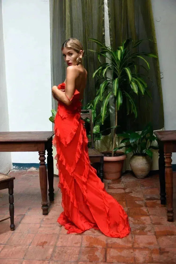 Ruffle slip maxi dress with spaghetti straps and cascading frills - view 5