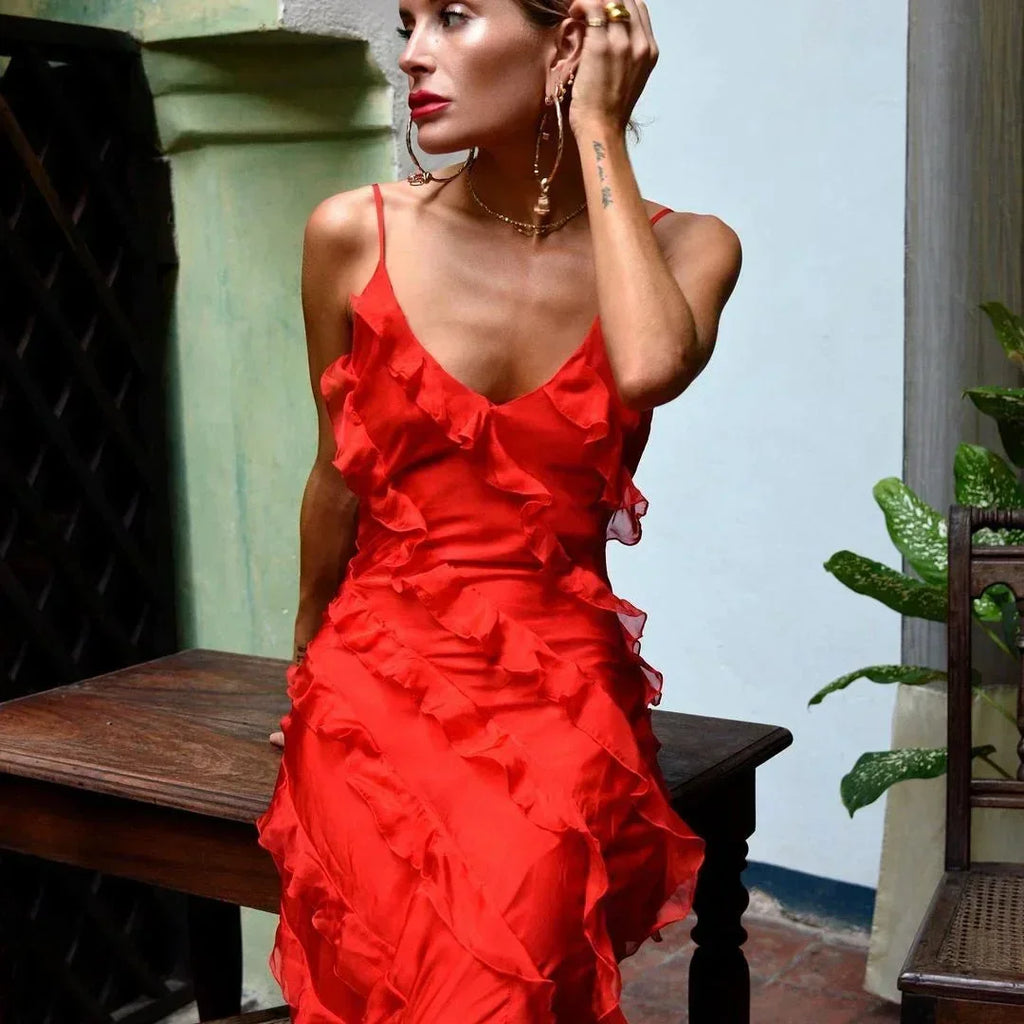 Ruffle slip maxi dress with spaghetti straps and cascading frills - view 7