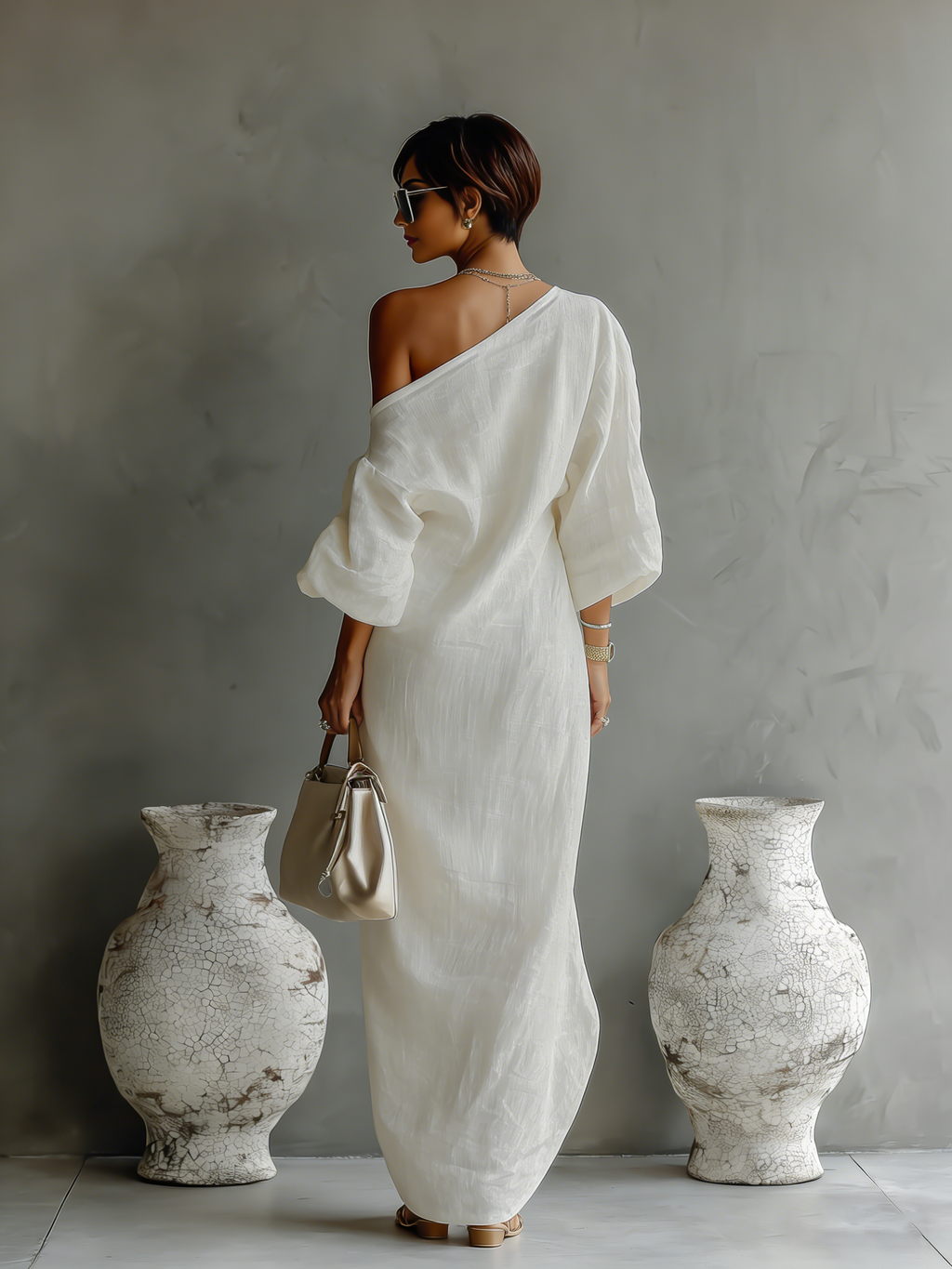 Celeste asymmetric one-shoulder maxi dress with wide sleeves and draped hem - view 10