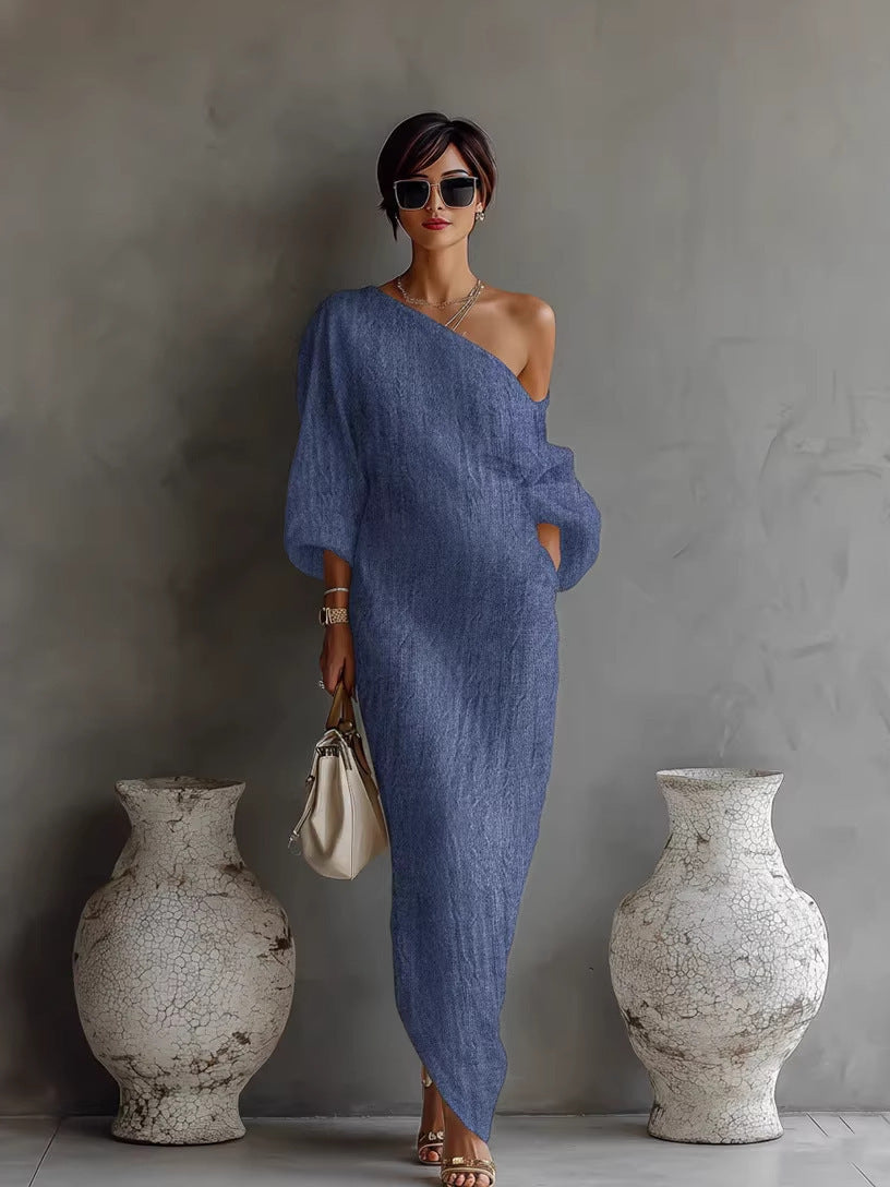 Celeste asymmetric one-shoulder maxi dress with wide sleeves and draped hem - view 4