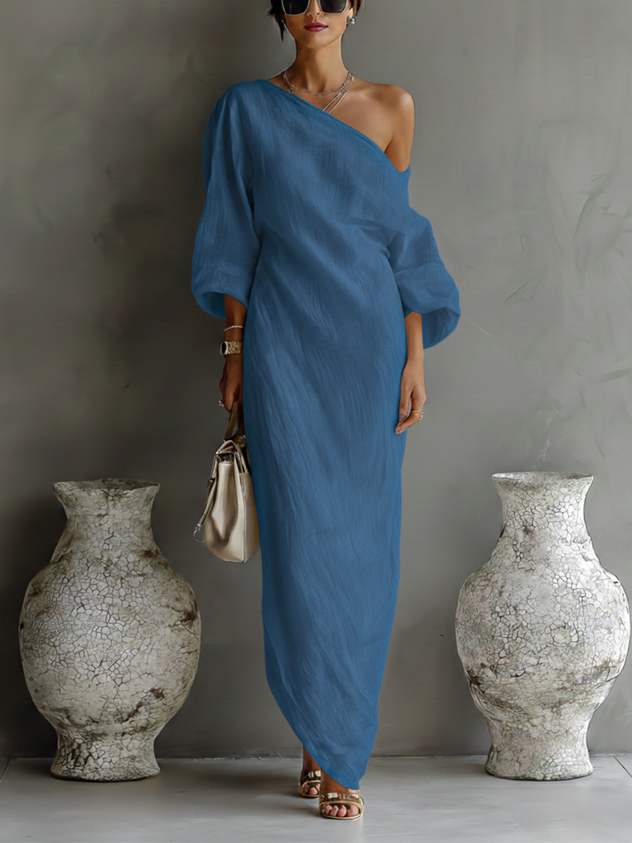 Celeste asymmetric one-shoulder maxi dress with wide sleeves and draped hem - view 6
