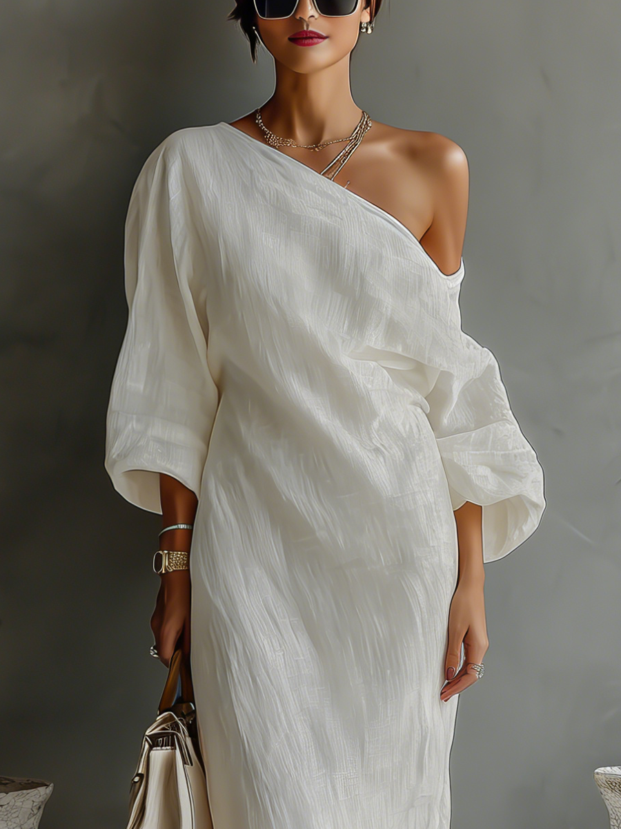 Celeste asymmetric one-shoulder maxi dress with wide sleeves and draped hem - view 7