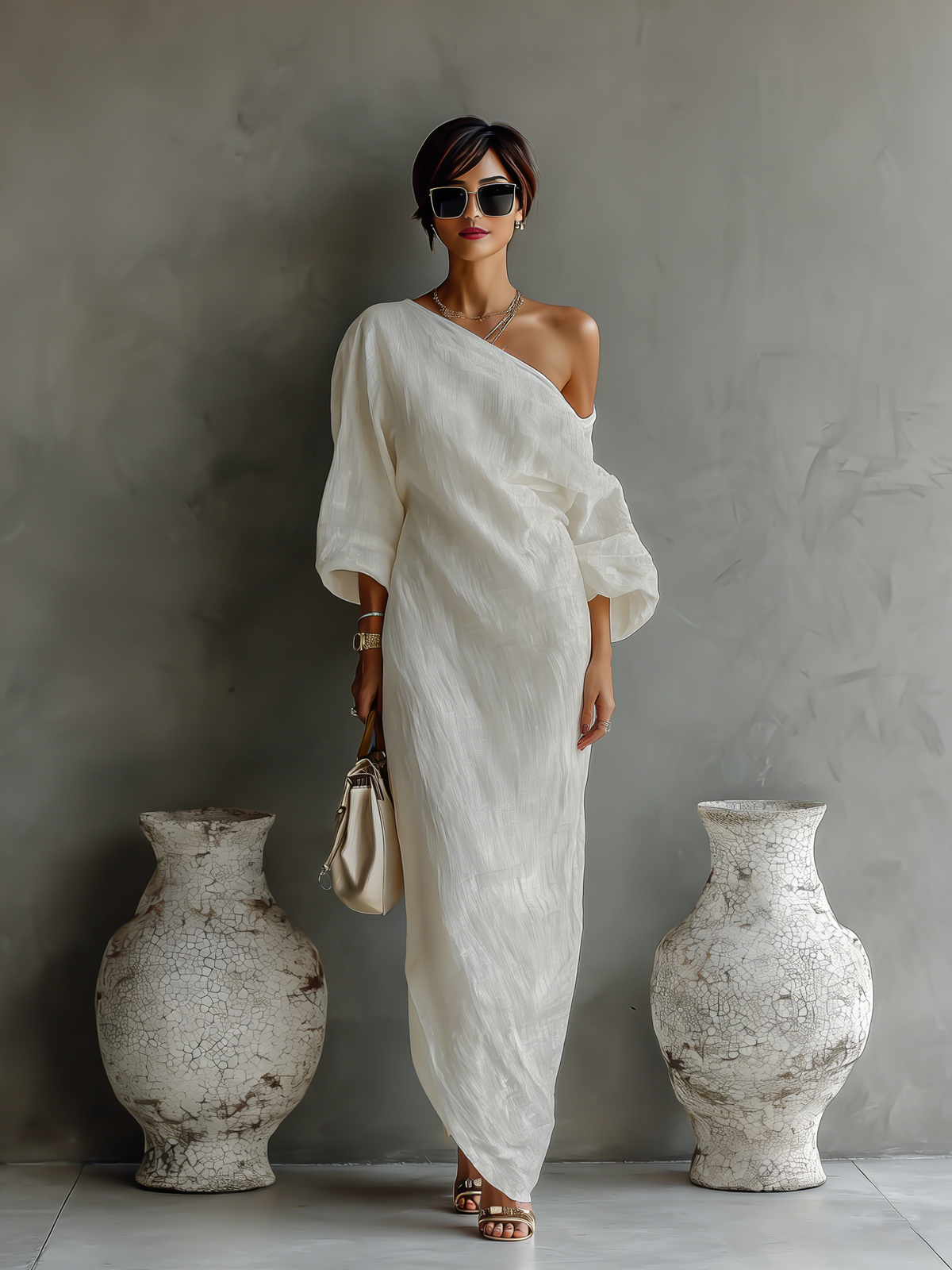 Celeste asymmetric one-shoulder maxi dress with wide sleeves and draped hem - view 9