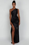 Woman wearing a one shoulder satin formal maxi dress with ruched waist and high thigh split - view 9