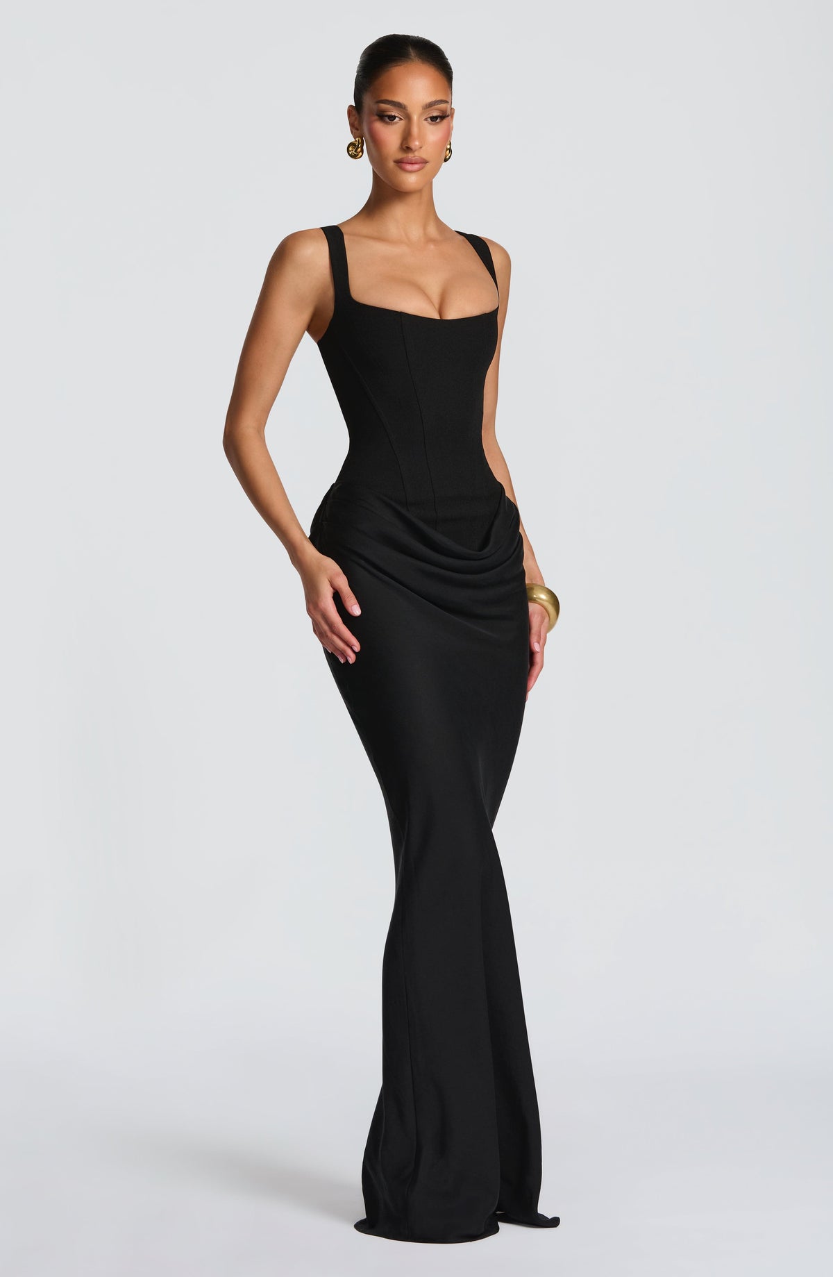 Caroline | Draped Square Neck Corset Back Maxi Dress