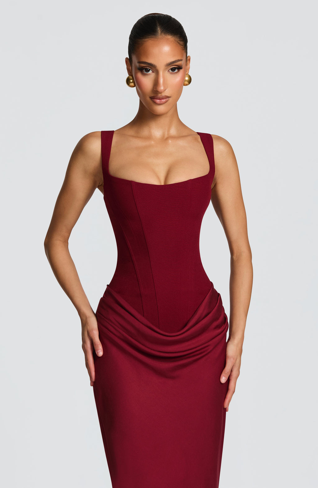 Caroline | Draped Square Neck Corset Back Maxi Dress