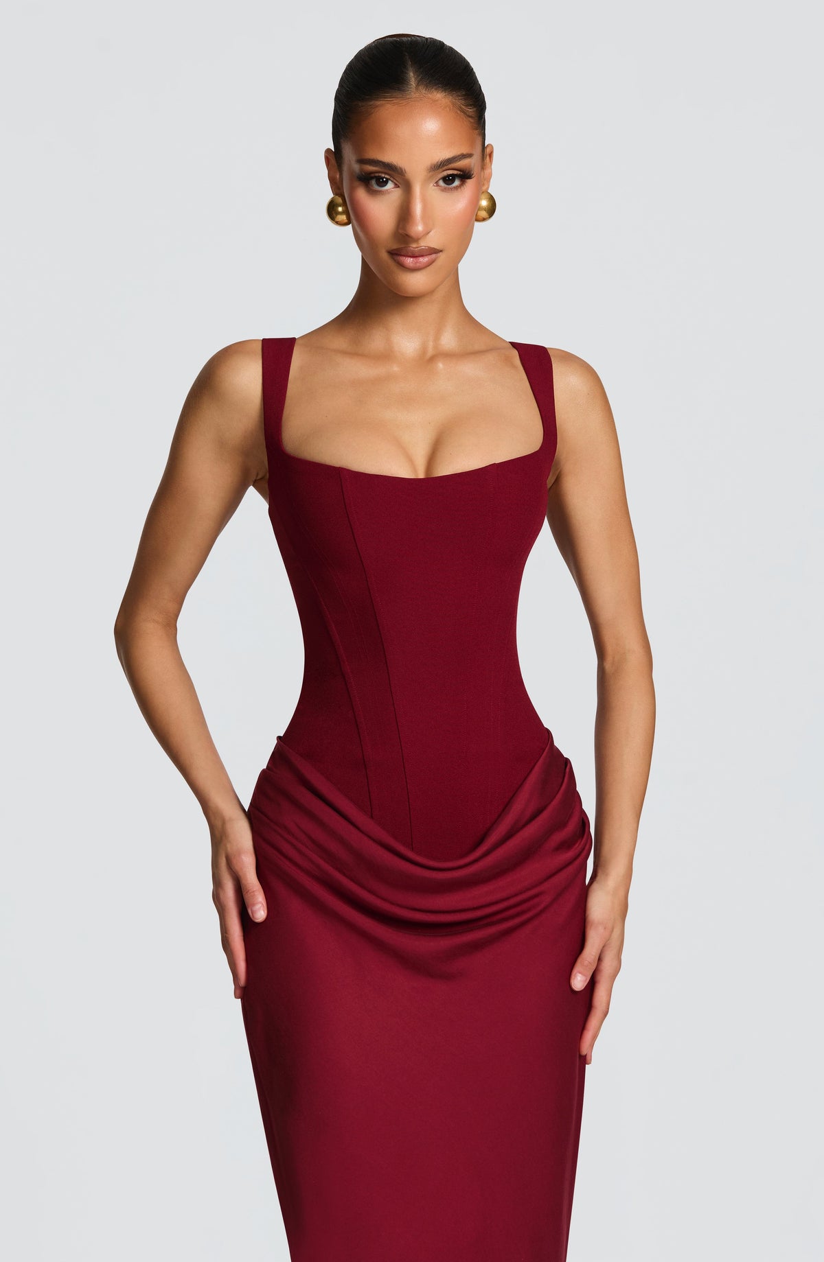 Caroline | Draped Square Neck Corset Back Maxi Dress