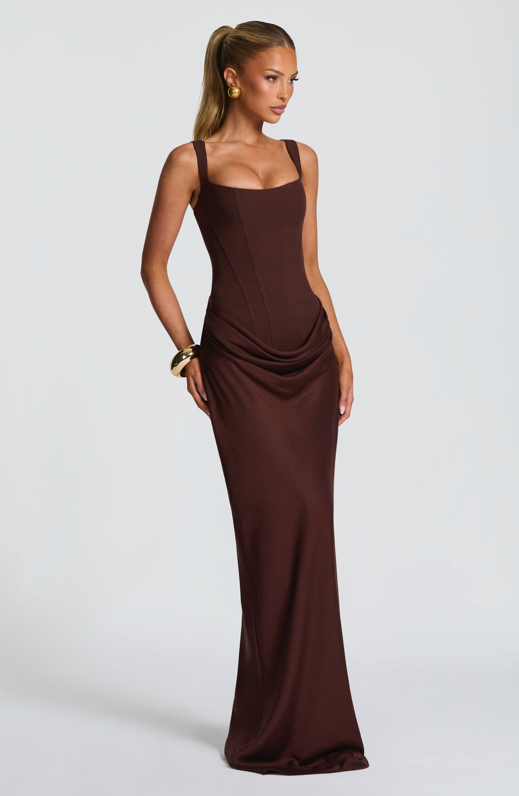 Caroline | Draped Square Neck Corset Back Maxi Dress