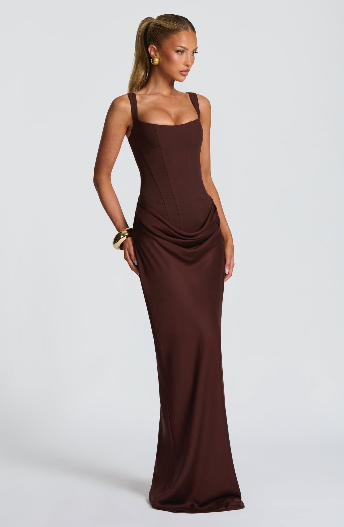Caroline | Draped Square Neck Corset Back Maxi Dress