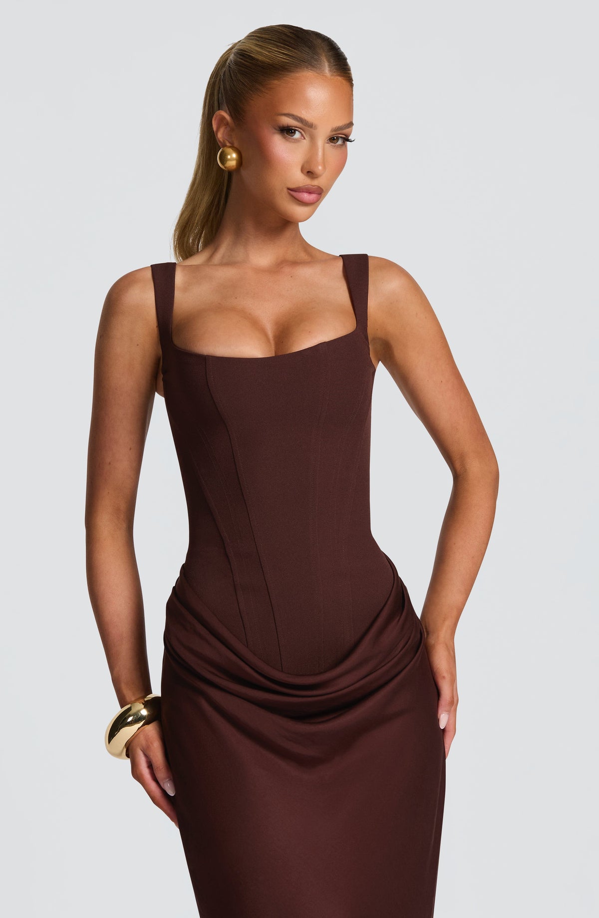 Caroline | Draped Square Neck Corset Back Maxi Dress