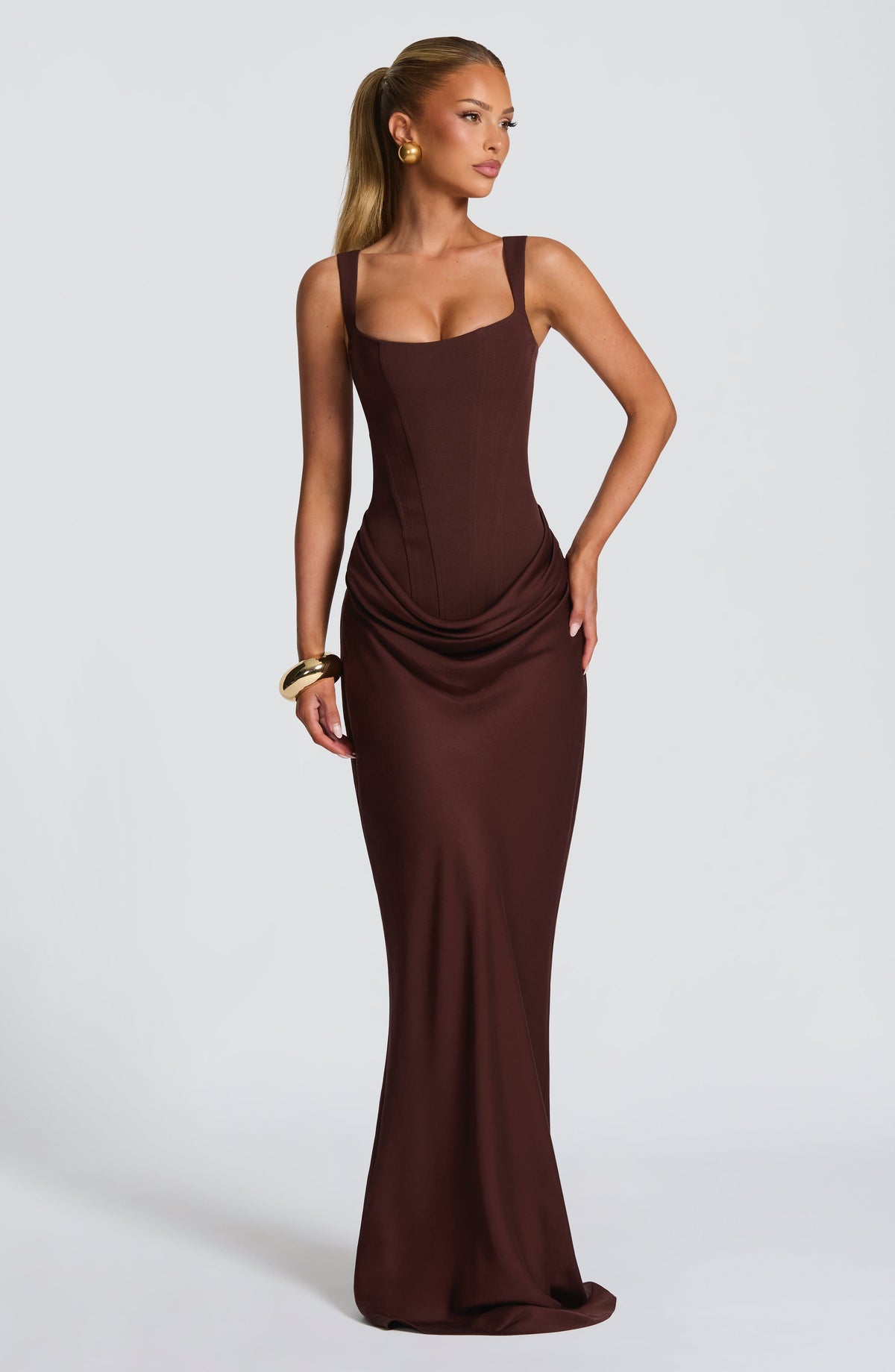 Caroline | Draped Square Neck Corset Back Maxi Dress