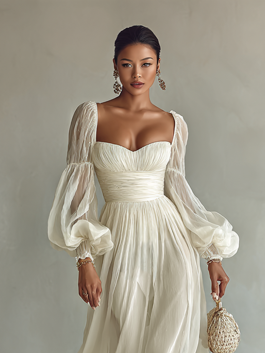 Verity sweetheart corset chiffon maxi dress with puff sleeves — back view