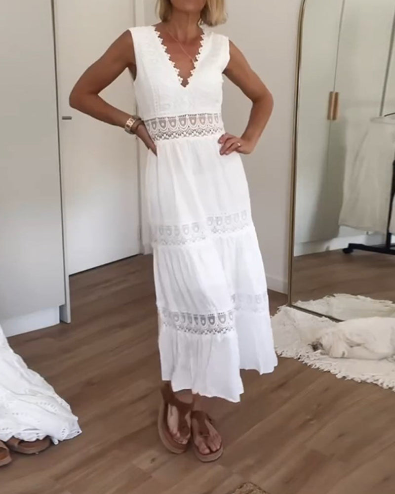 Woman wearing a white sleeveless tiered lace midi dress with a V-neck and open back - view 6