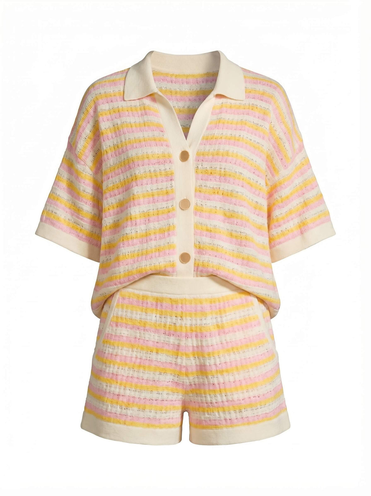 Woman wearing a striped knit two piece set with a polo collar top and matching shorts - view 3
