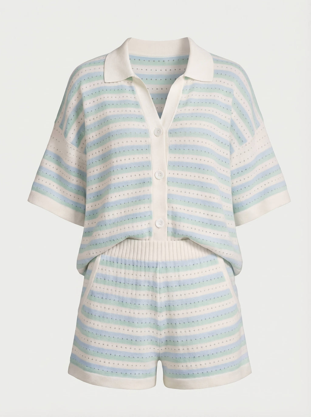 Woman wearing a striped knit two piece set with a polo collar top and matching shorts - view 4