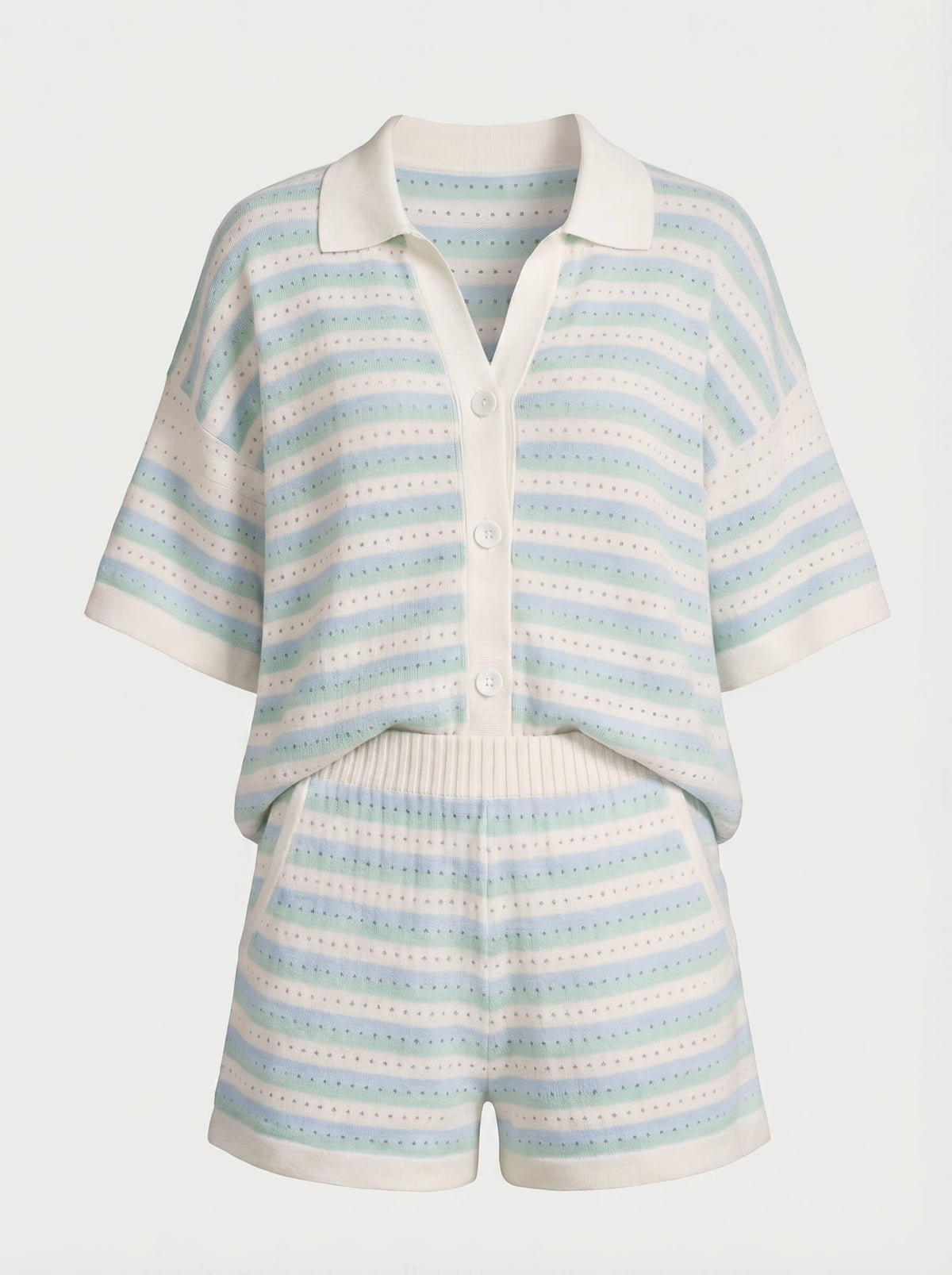 Woman wearing a striped knit two piece set with a polo collar top and matching shorts - view 4