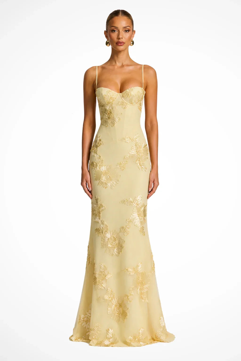 Pale yellow floral appliqué corset formal maxi dress with cami straps and lace-up open back