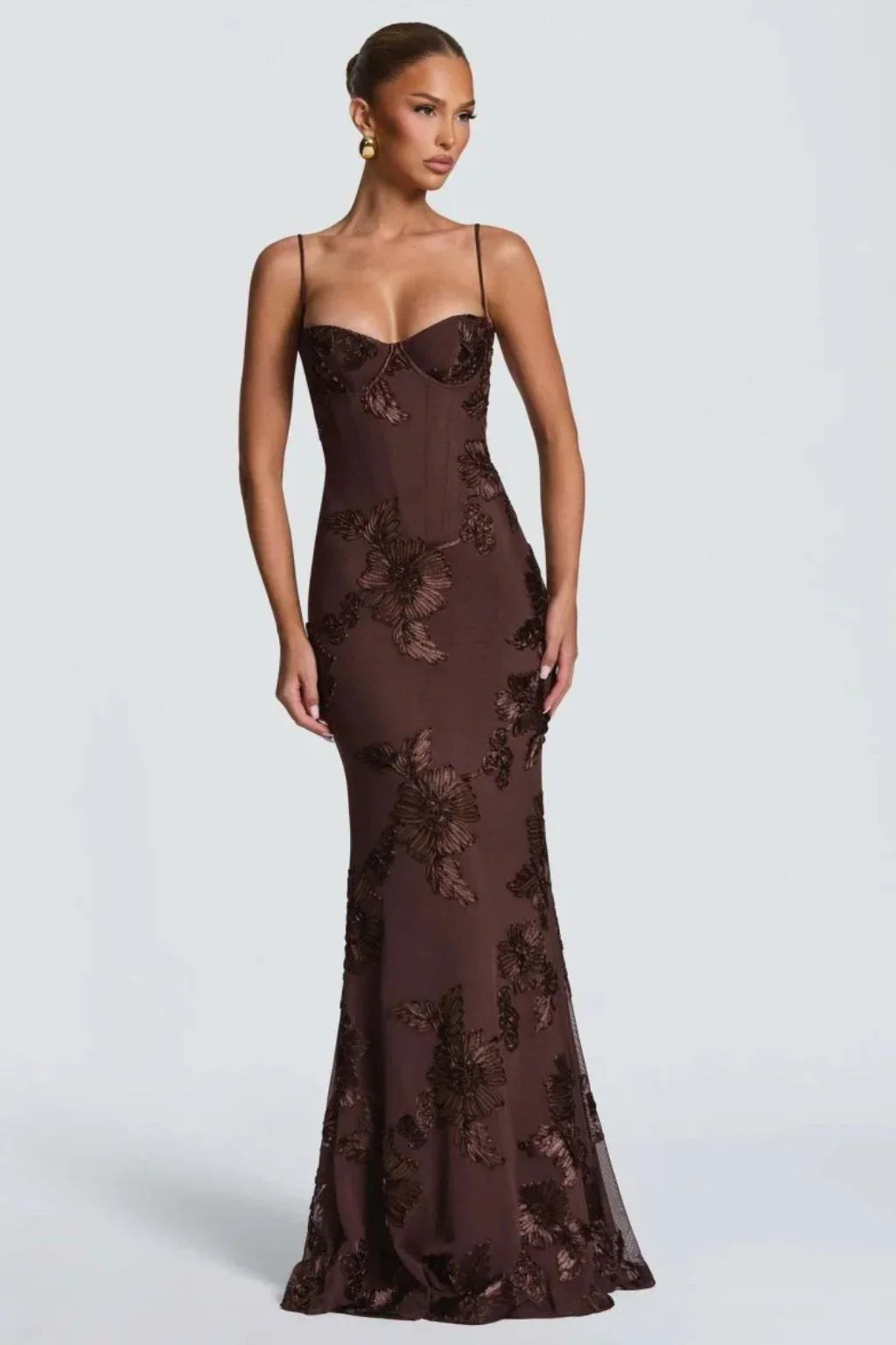 Pale yellow floral appliqué corset formal maxi dress with cami straps and lace-up open back - view 10