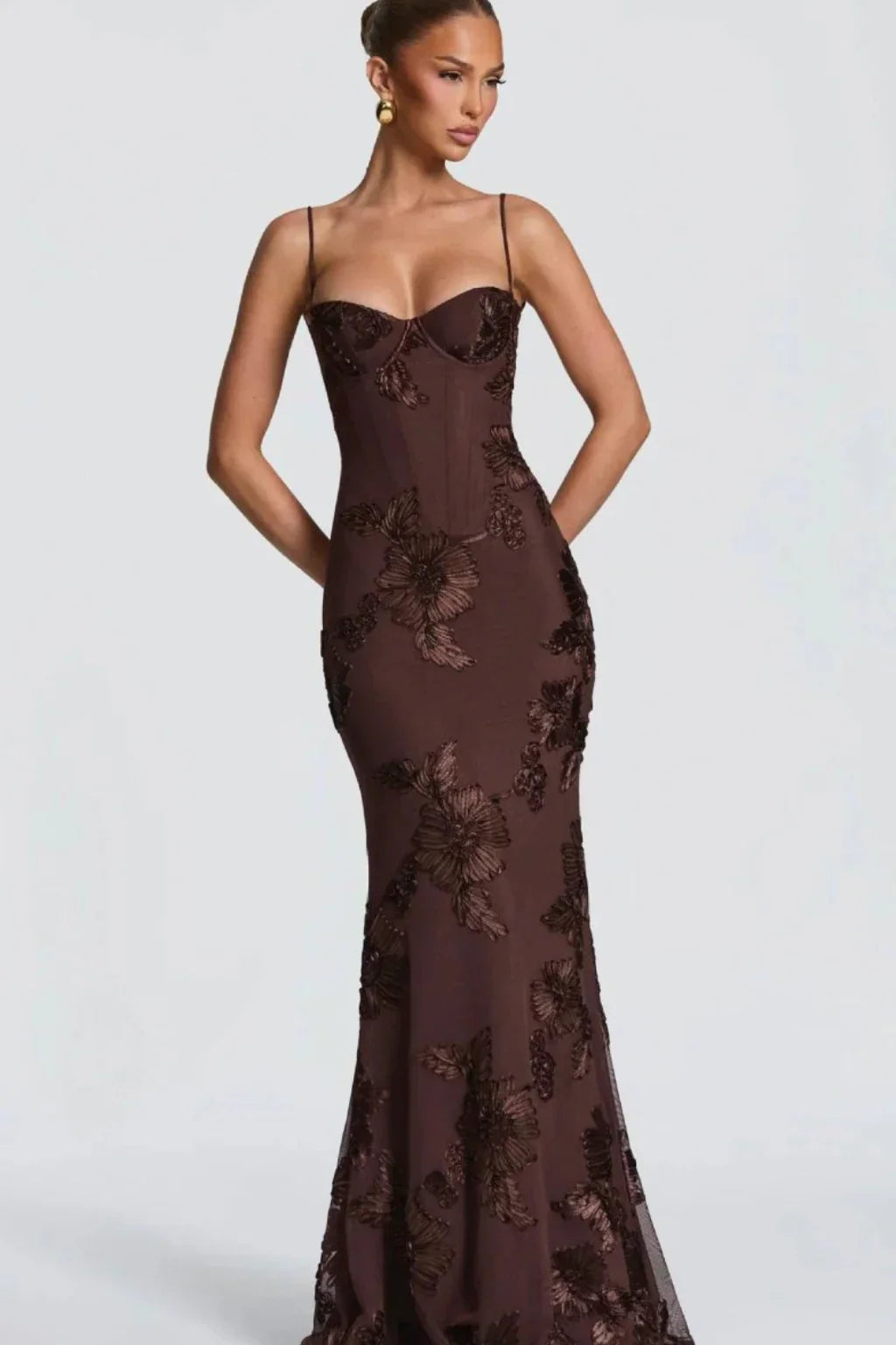 Pale yellow floral appliqué corset formal maxi dress with cami straps and lace-up open back - view 11