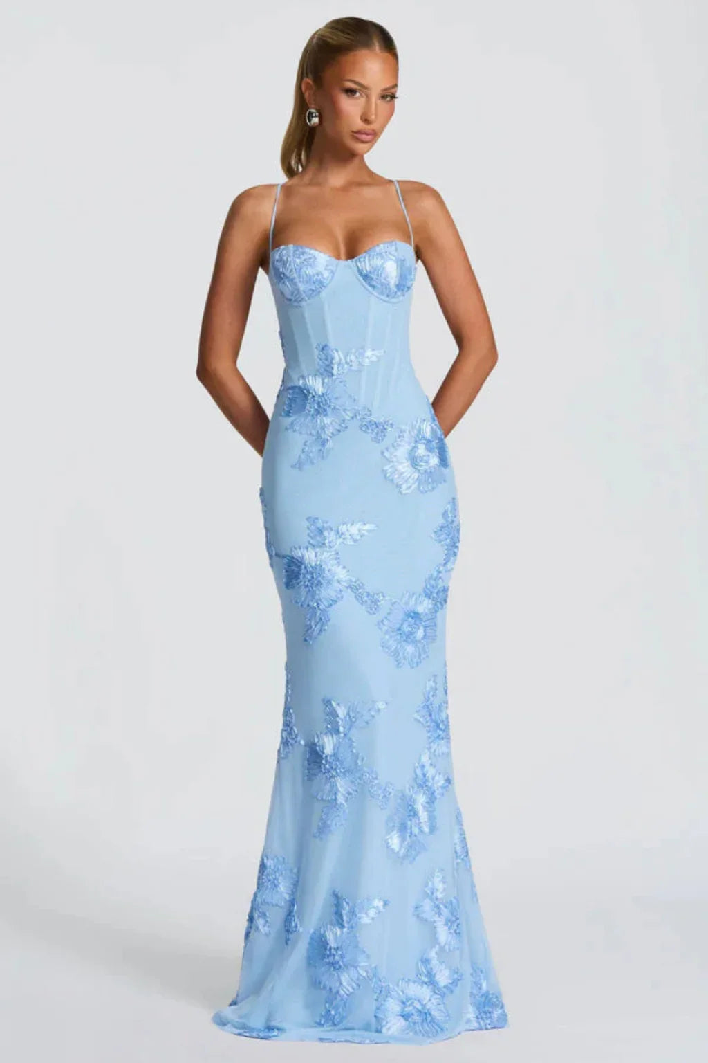 Pale yellow floral appliqué corset formal maxi dress with cami straps and lace-up open back - view 13