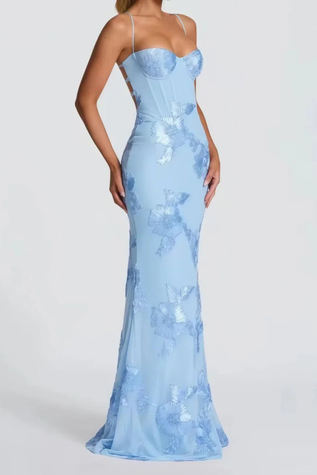 Pale yellow floral appliqué corset formal maxi dress with cami straps and lace-up open back - view 14