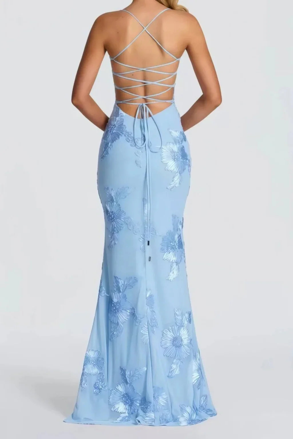 Pale yellow floral appliqué corset formal maxi dress with cami straps and lace-up open back - view 15