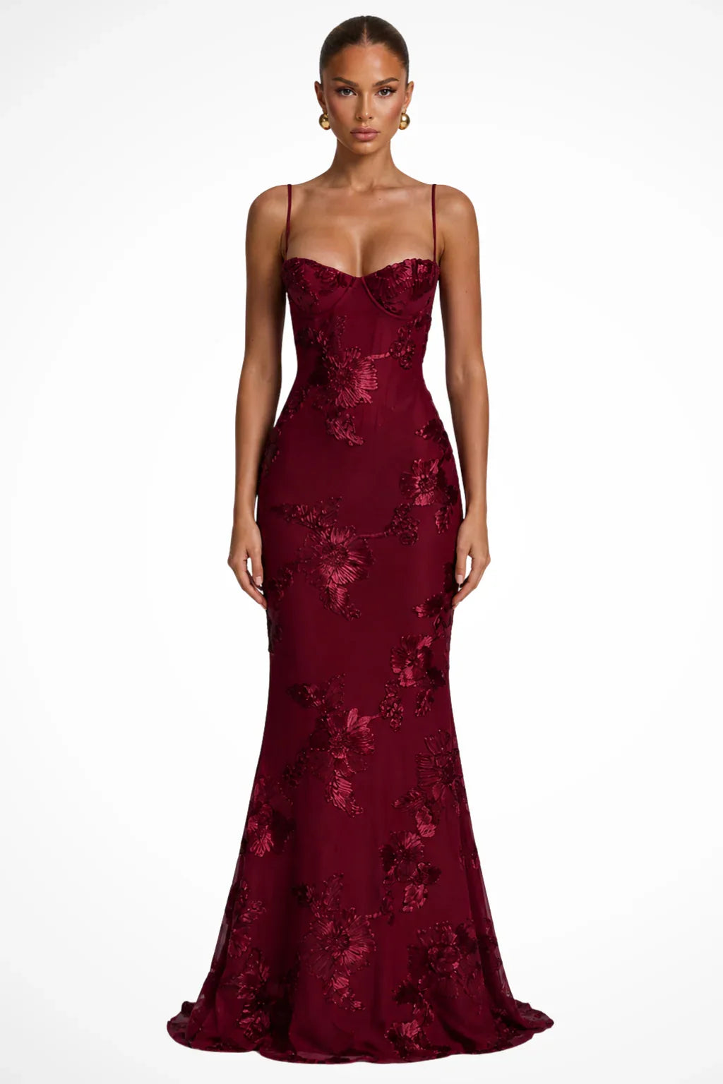 Pale yellow floral appliqué corset formal maxi dress with cami straps and lace-up open back - view 16