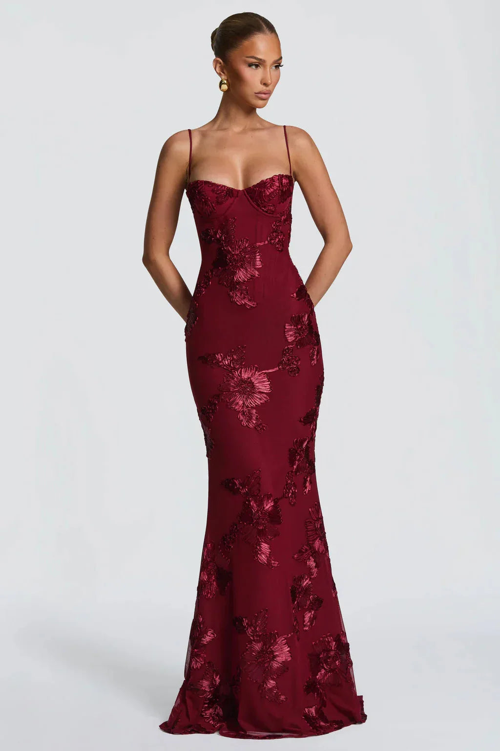 Pale yellow floral appliqué corset formal maxi dress with cami straps and lace-up open back - view 17