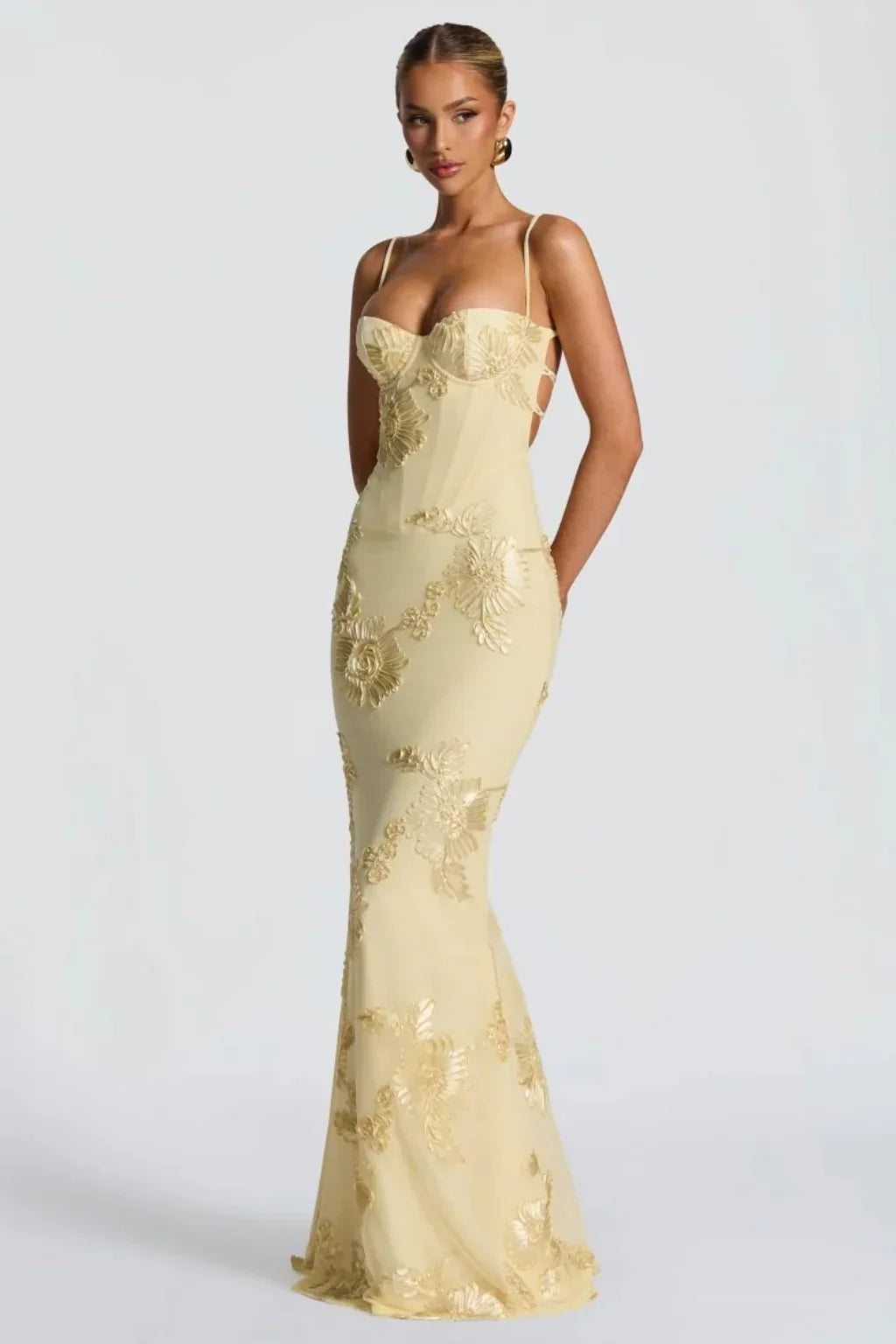 Pale yellow floral appliqué corset formal maxi dress with cami straps and lace-up open back - view 2