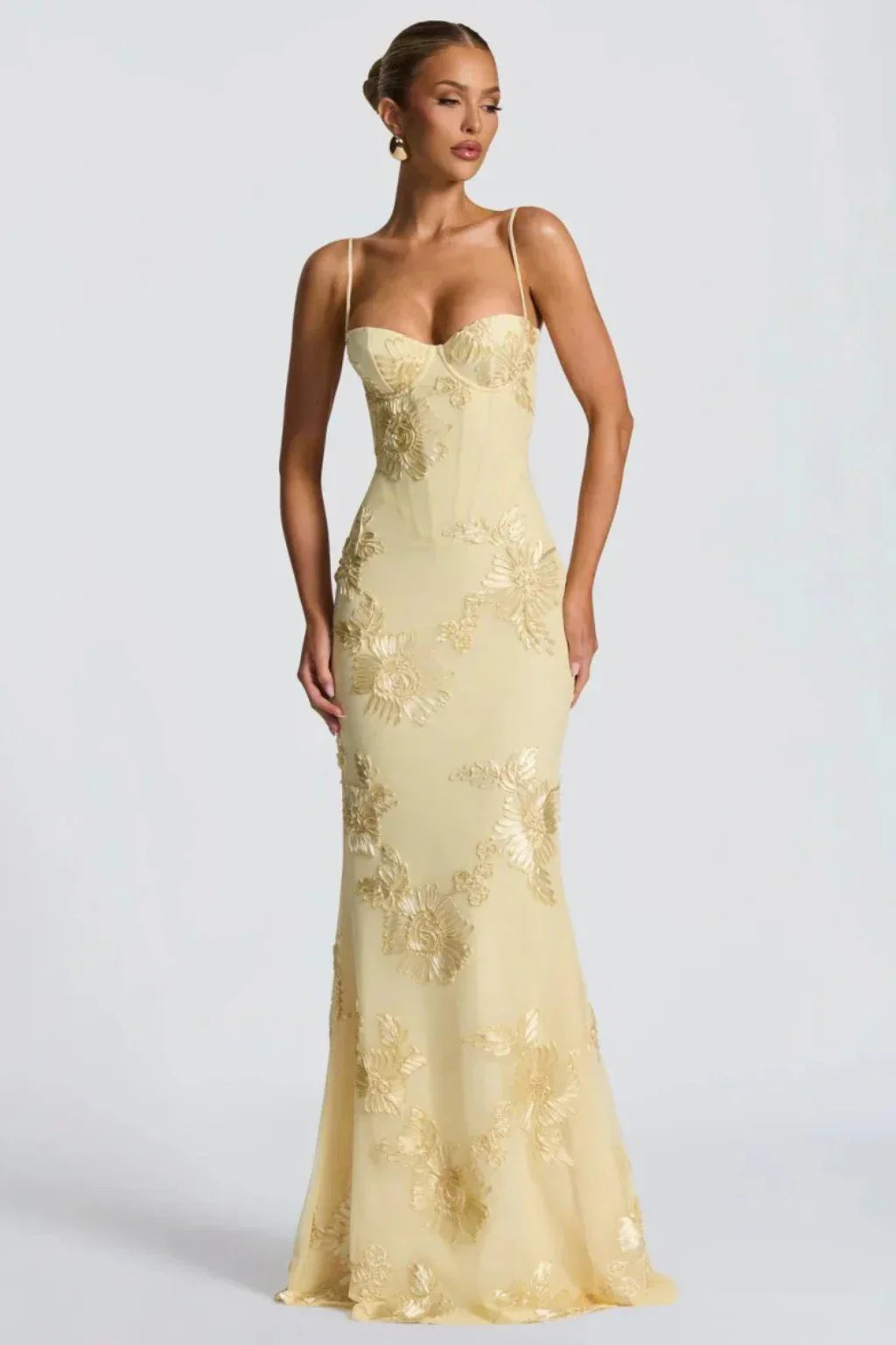 Pale yellow floral appliqué corset formal maxi dress with cami straps and lace-up open back - view 3