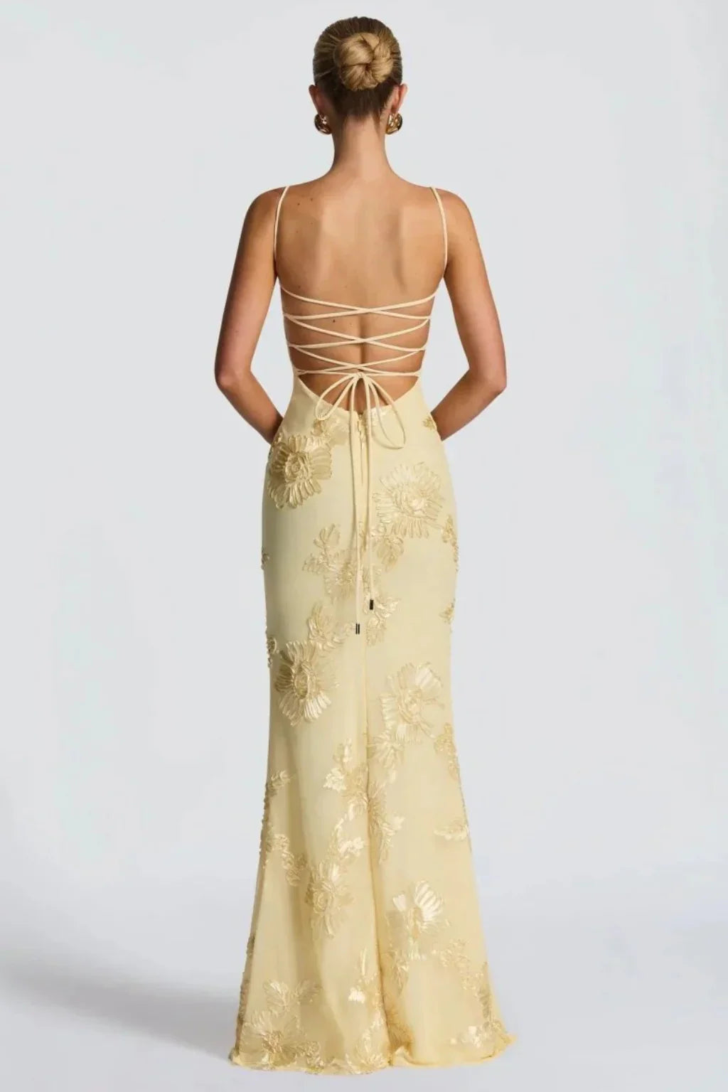 Pale yellow floral appliqué corset formal maxi dress with cami straps and lace-up open back - view 4