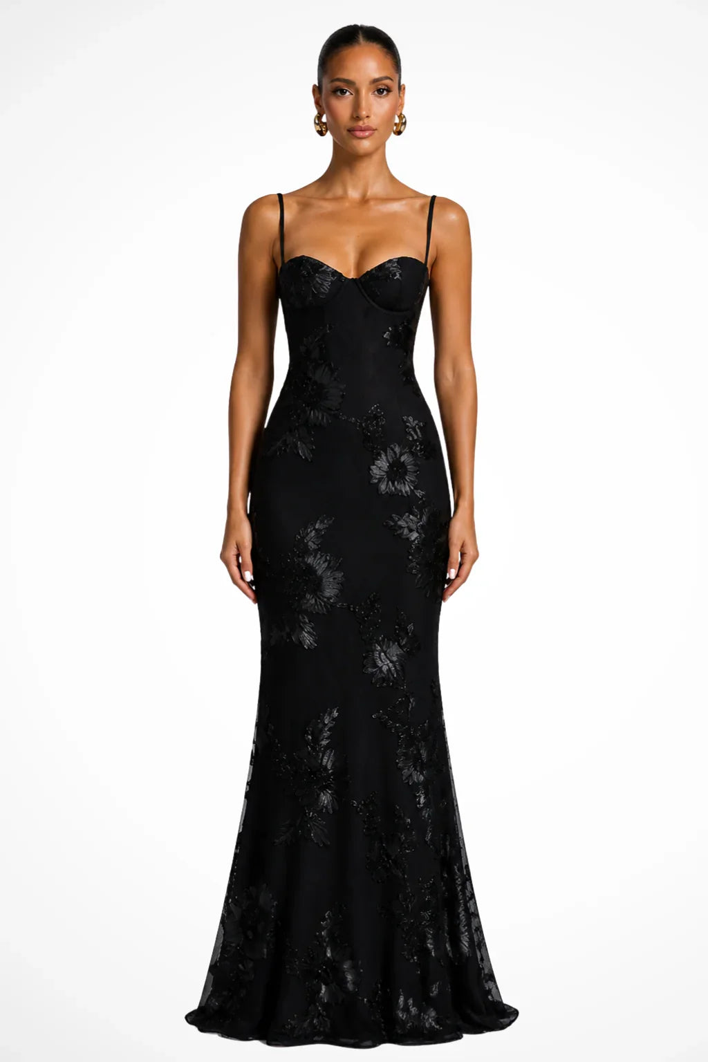 Pale yellow floral appliqué corset formal maxi dress with cami straps and lace-up open back - view 5