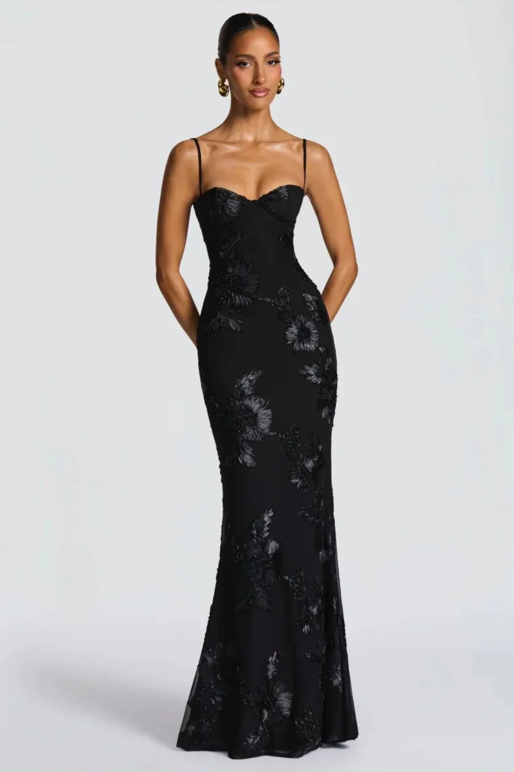Pale yellow floral appliqué corset formal maxi dress with cami straps and lace-up open back - view 6