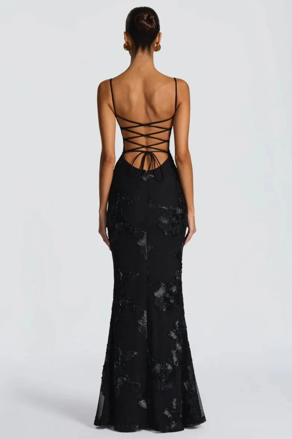 Pale yellow floral appliqué corset formal maxi dress with cami straps and lace-up open back - view 8