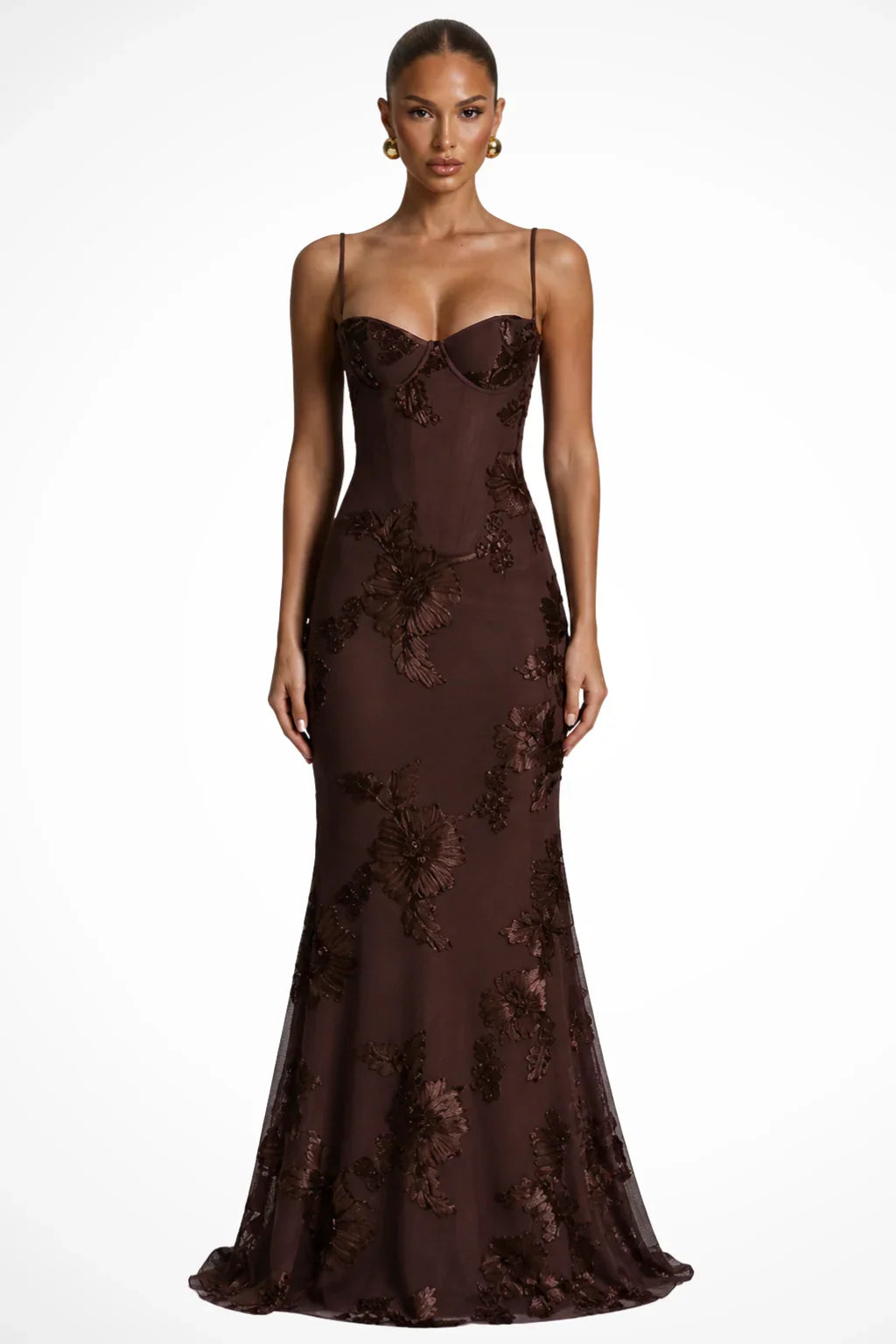 Pale yellow floral appliqué corset formal maxi dress with cami straps and lace-up open back - view 9