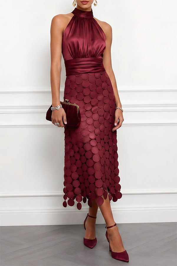 Amelie halterneck satin-finish midi dress with circle appliqué skirt — styled view