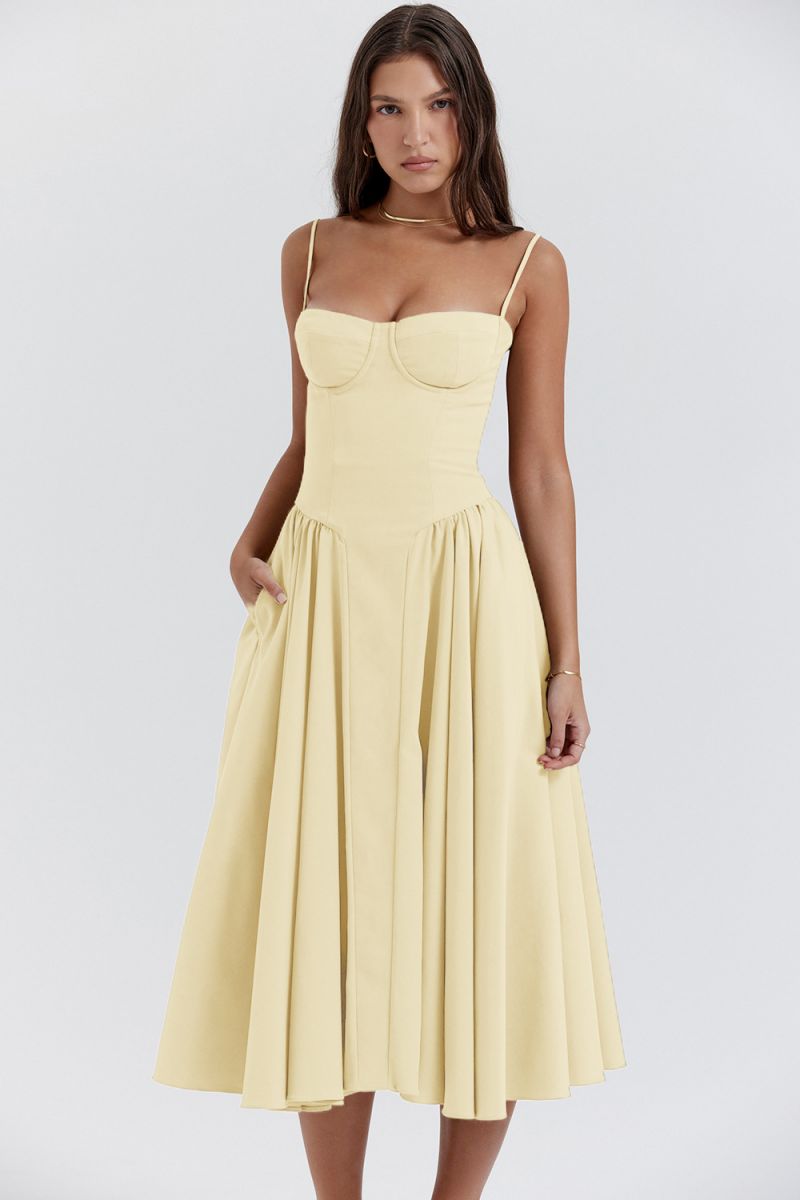 Delaney corset A line midi dress with sweetheart bodice, spaghetti straps and full gathered skirt